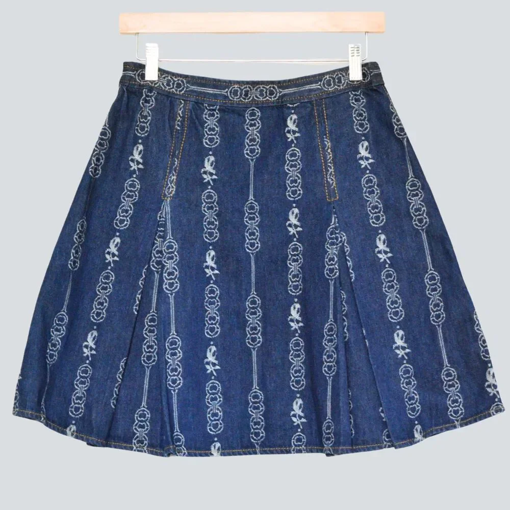 TORY BURCH Gemini Link Bloom Jacquard Denim Mini Pleated Skirt Size 6